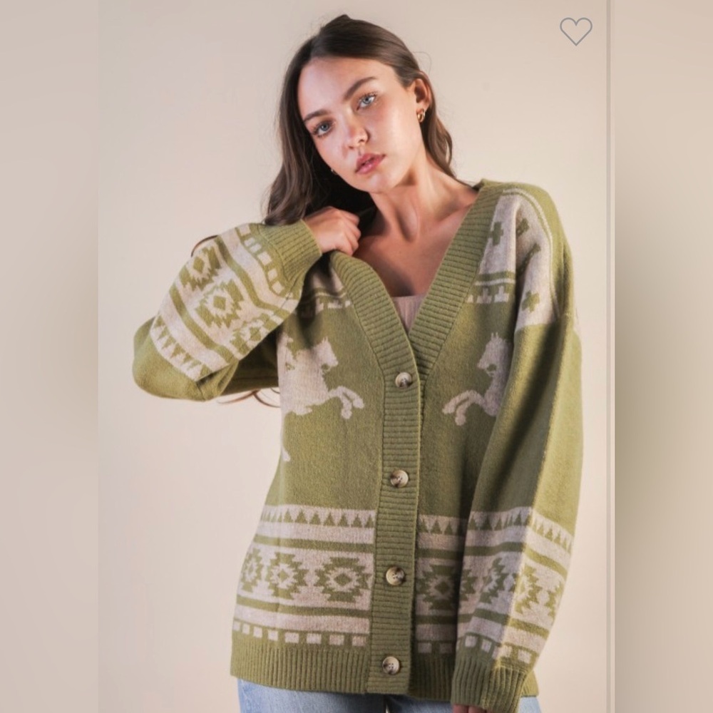 Very J Olive Patterned Cardigan Oversized Western Graphic Knit Sweater